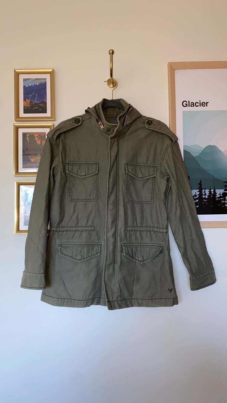American Eagle Olive Green Y2K Military Utility Jacket with Hood Womenst L